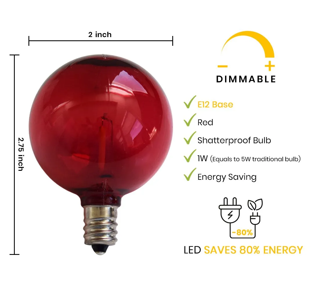 10-PACK Red LED Filament G50 Globe Shatterproof Energy Saving Color Light Bulb, Dimmable, 1W,  E12 Candelabra Base