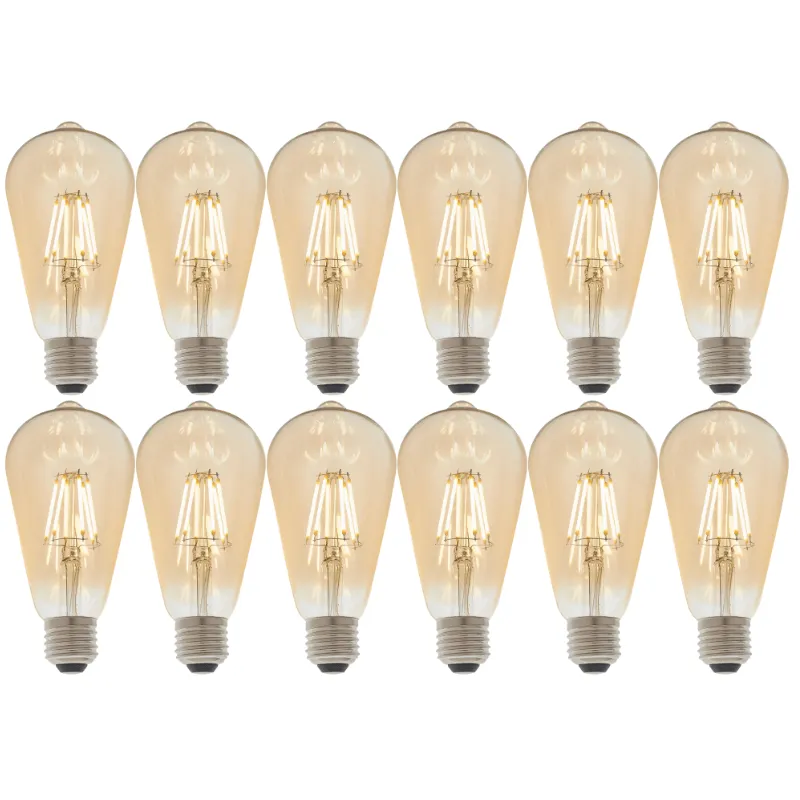 Pack of 12, Dimmable 6W E27 LED Filament Light Bulbs, Amber Pear Shaped, Energy-Efficient