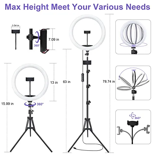 12" Selfie Ring Light with 63" Tripod Stand & 3 Phone Holder, LED Camera Ringlight with 48 RGB Colors Modes & Musical Rhythm Mode and 12 Brightness Dimmable for Makeup/Photography/Videos/Vlog/TikTok
