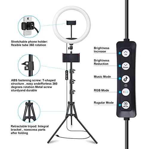 12" Selfie Ring Light with 63" Tripod Stand & 3 Phone Holder, LED Camera Ringlight with 48 RGB Colors Modes & Musical Rhythm Mode and 12 Brightness Dimmable for Makeup/Photography/Videos/Vlog/TikTok
