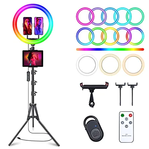 12" Selfie Ring Light with 63" Tripod Stand & 3 Phone Holder, LED Camera Ringlight with 48 RGB Colors Modes & Musical Rhythm Mode and 12 Brightness Dimmable for Makeup/Photography/Videos/Vlog/TikTok
