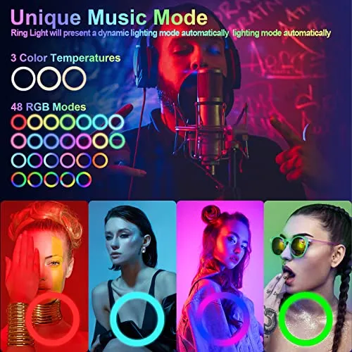 12" Selfie Ring Light with 63" Tripod Stand & 3 Phone Holder, LED Camera Ringlight with 48 RGB Colors Modes & Musical Rhythm Mode and 12 Brightness Dimmable for Makeup/Photography/Videos/Vlog/TikTok