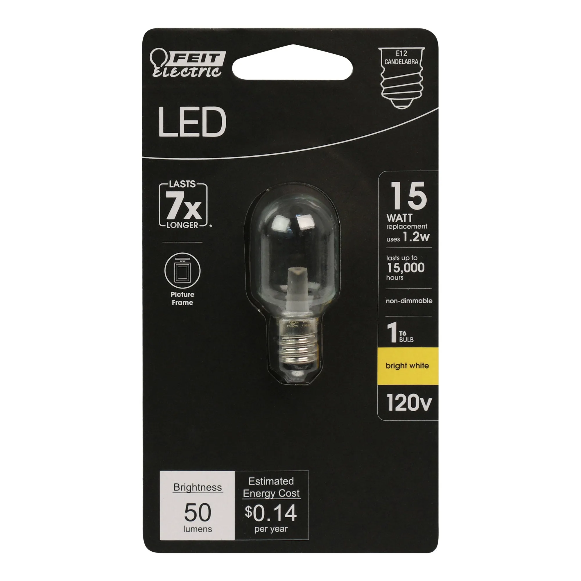 1.2W (15W Replacement) Bright White (3000K) E12 Base T6 Candelabra LED Light Bulb