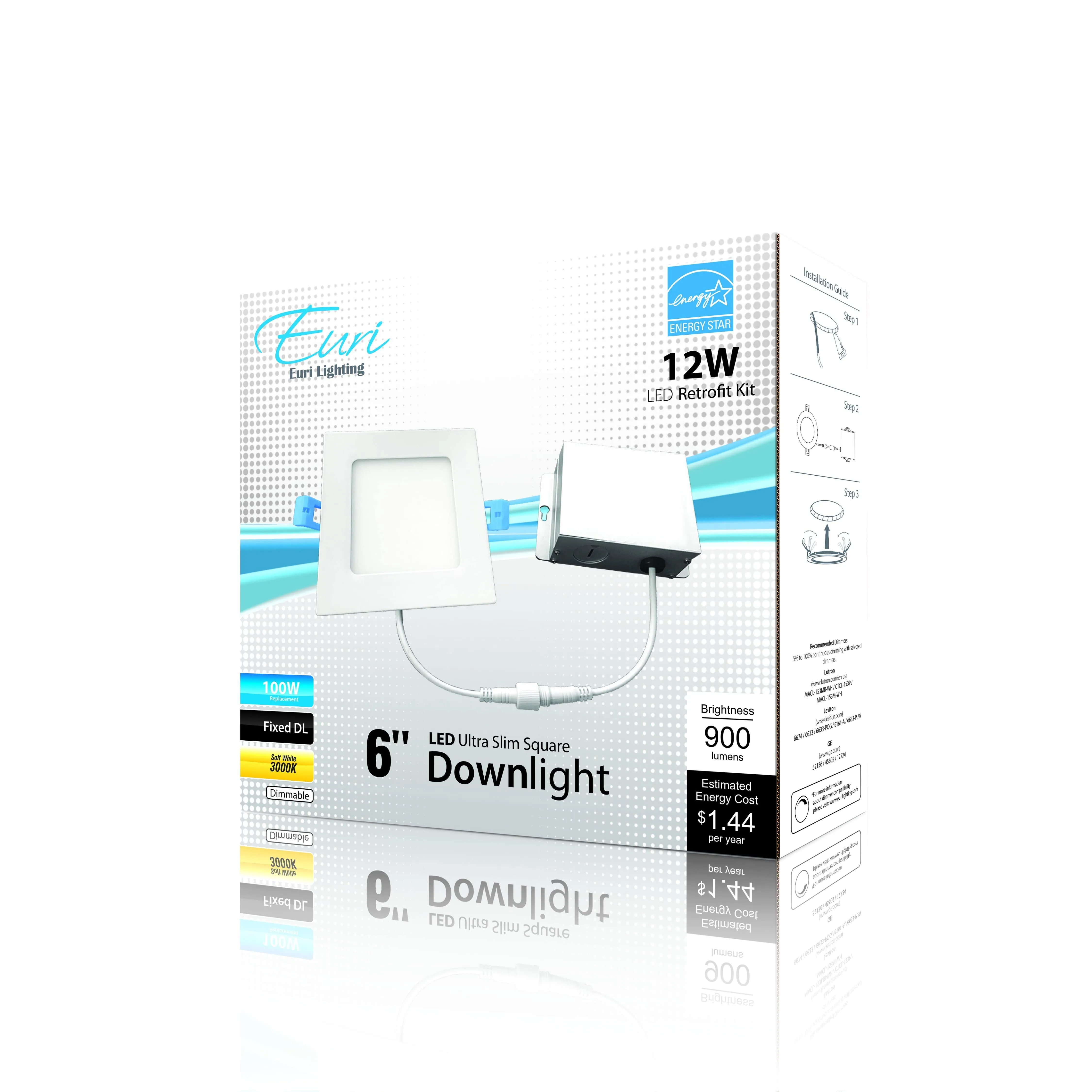 12W 6in. Recessed Dimmable Square Slim LED Downlight - 120 Degree Beam - 120V - CRI>80 - Junction Box - 900 Lm