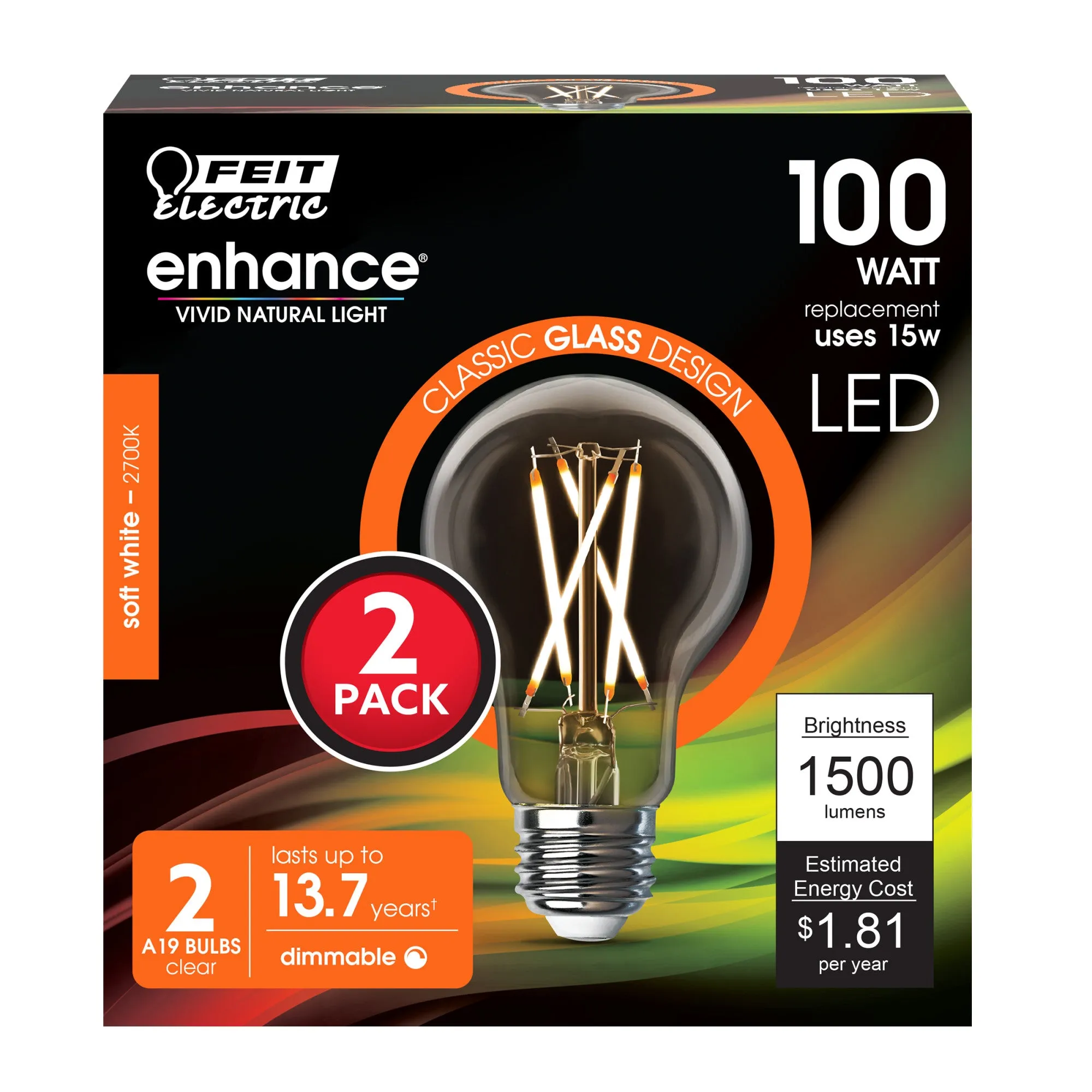 15W (100W Equivalent) Soft White (2700K) A19 Dimmable General Purpose Clear Glass Filament Enhance LED (2-Pack)