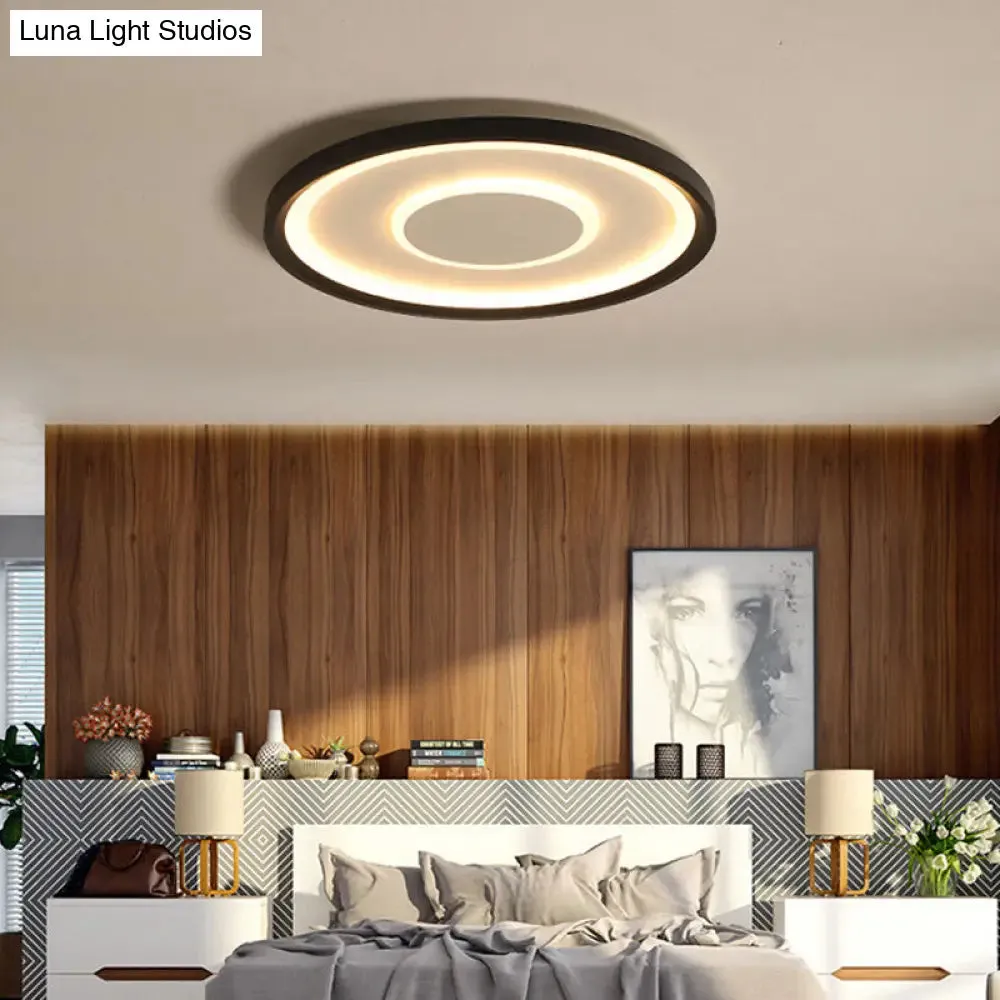 16"/19.5" Wide Contemporary Black Tray LED Ceiling Lamp - Flush Mount Metal Lighting with Remote Control Dimming - Warm/White Light