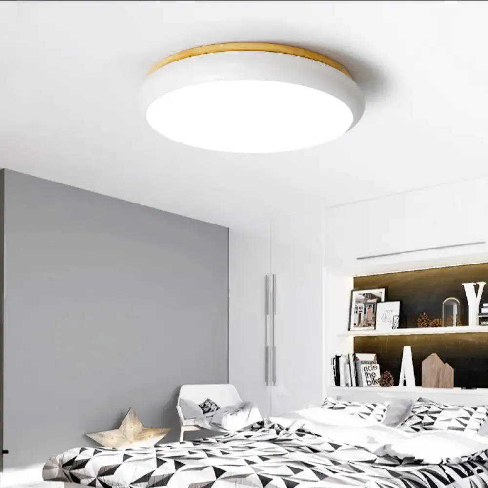 18"/21.5" Dia LED Flush Mount Drum Lamp in Macaron Wood White/Pink/Green - White/Warm/Natural Light