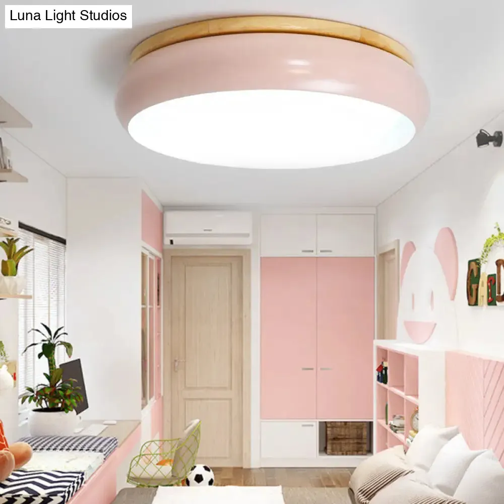18"/21.5" Dia LED Flush Mount Drum Lamp in Macaron Wood White/Pink/Green - White/Warm/Natural Light
