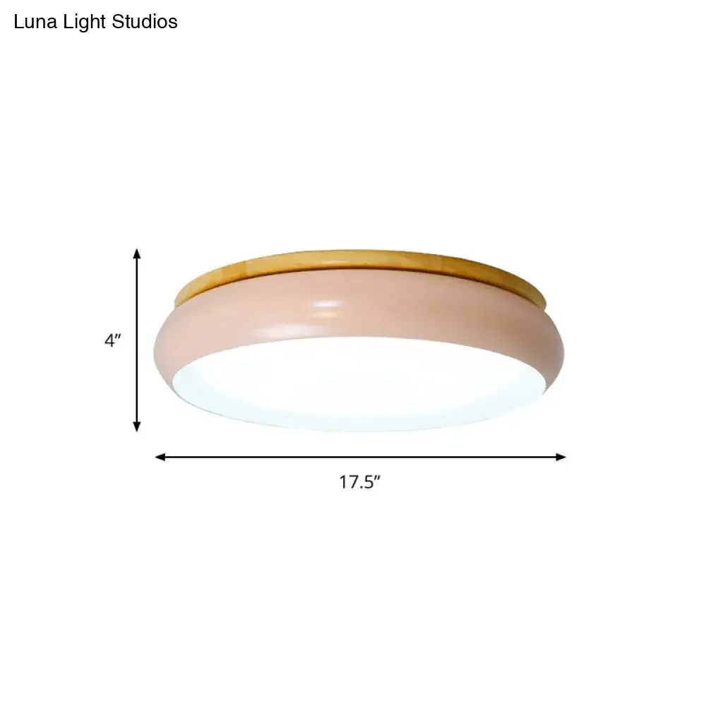 18"/21.5" Dia LED Flush Mount Drum Lamp in Macaron Wood White/Pink/Green - White/Warm/Natural Light