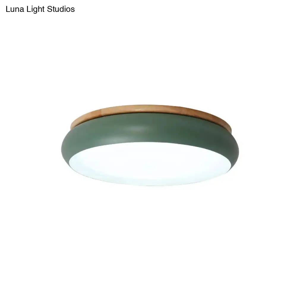 18"/21.5" Dia LED Flush Mount Drum Lamp in Macaron Wood White/Pink/Green - White/Warm/Natural Light