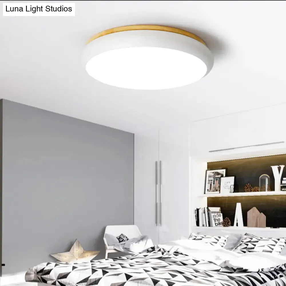 18"/21.5" Dia LED Flush Mount Drum Lamp in Macaron Wood White/Pink/Green - White/Warm/Natural Light