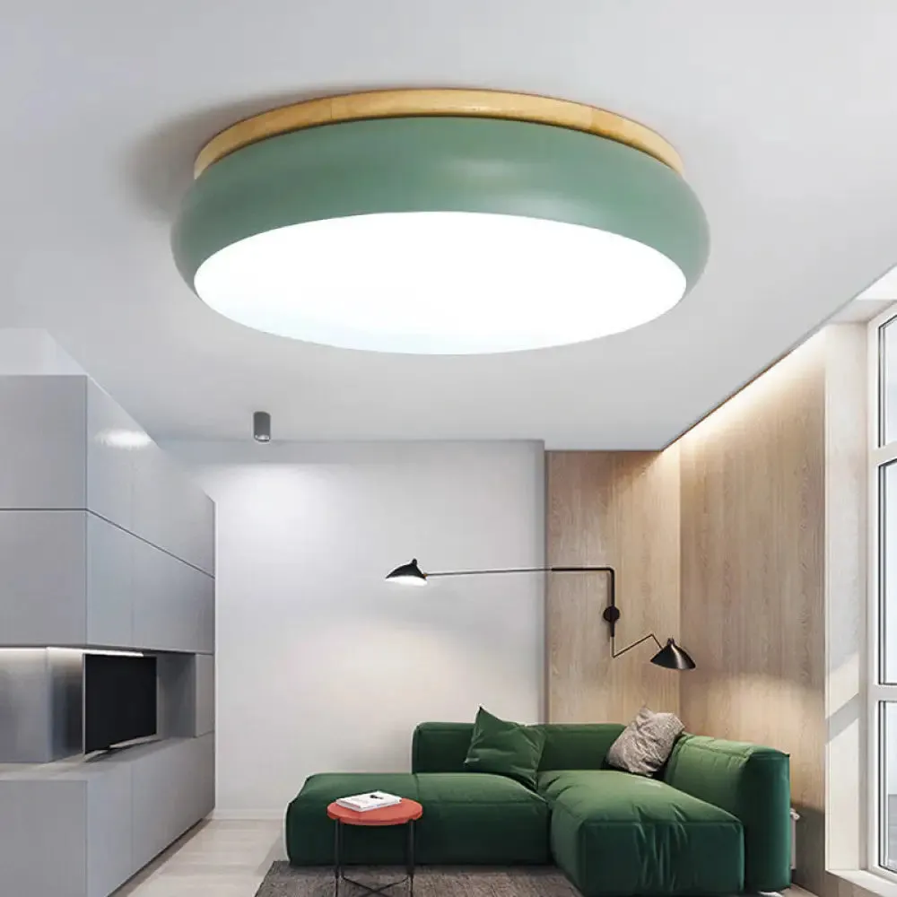 18"/21.5" Dia LED Flush Mount Drum Lamp in Macaron Wood White/Pink/Green - White/Warm/Natural Light