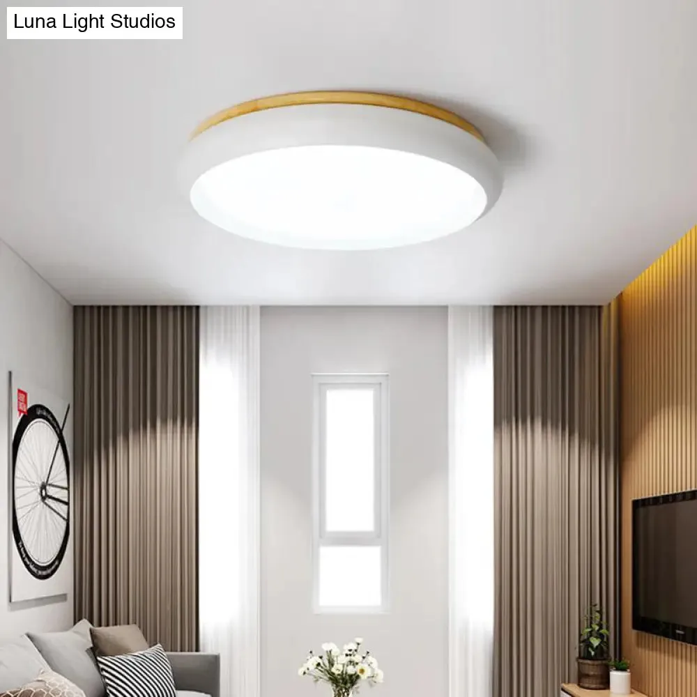 18"/21.5" Dia LED Flush Mount Drum Lamp in Macaron Wood White/Pink/Green - White/Warm/Natural Light