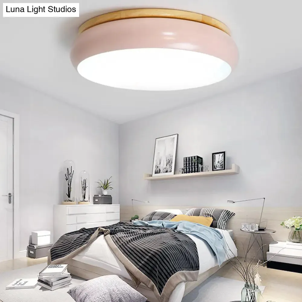 18"/21.5" Dia LED Flush Mount Drum Lamp in Macaron Wood White/Pink/Green - White/Warm/Natural Light