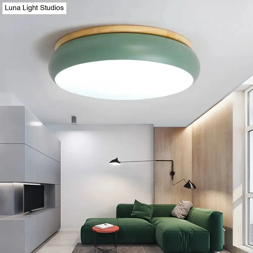 18"/21.5" Dia LED Flush Mount Drum Lamp in Macaron Wood White/Pink/Green - White/Warm/Natural Light