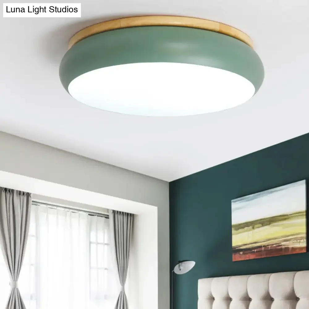18"/21.5" Dia LED Flush Mount Drum Lamp in Macaron Wood White/Pink/Green - White/Warm/Natural Light