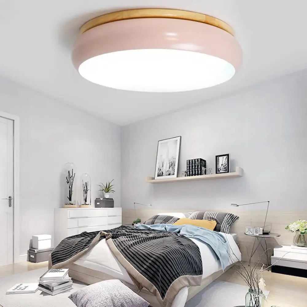 18"/21.5" Dia LED Flush Mount Drum Lamp in Macaron Wood White/Pink/Green - White/Warm/Natural Light