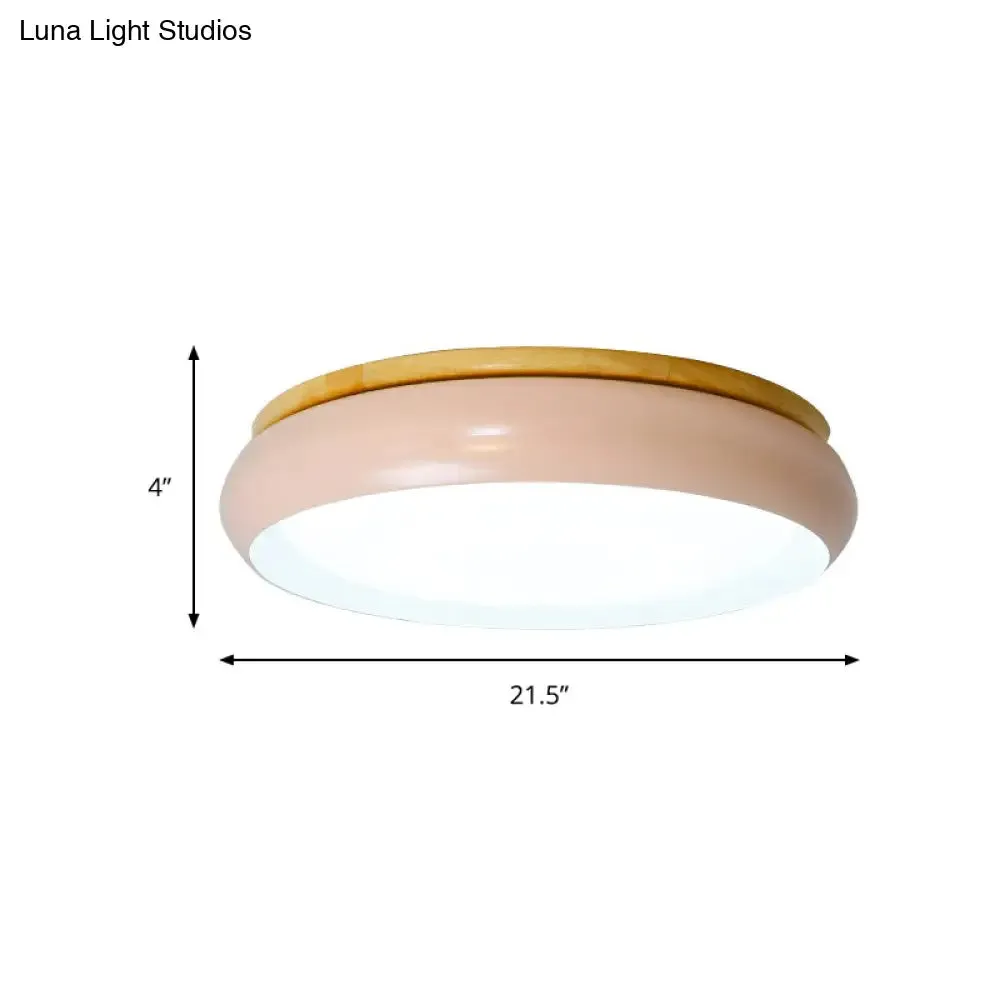 18"/21.5" Dia LED Flush Mount Drum Lamp in Macaron Wood White/Pink/Green - White/Warm/Natural Light