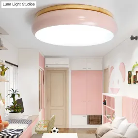 18"/21.5" Dia LED Flush Mount Drum Lamp in Macaron Wood White/Pink/Green - White/Warm/Natural Light