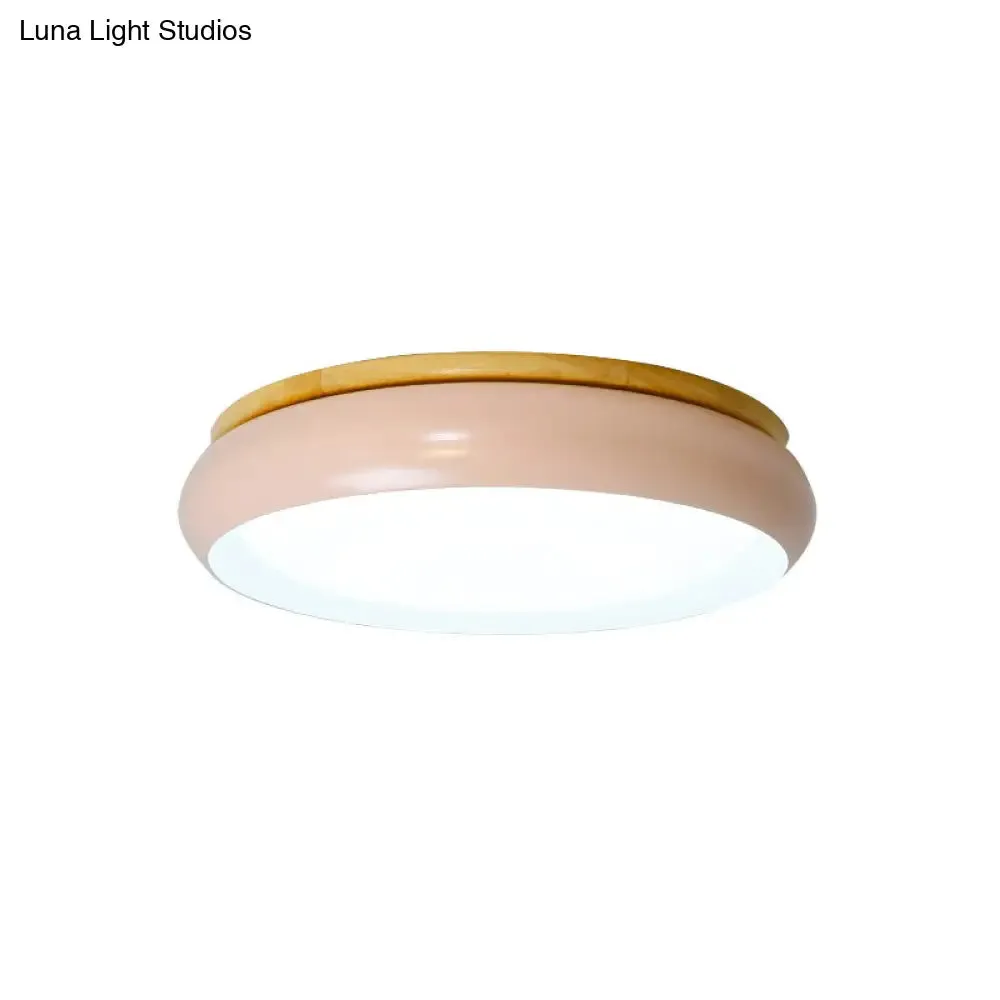 18"/21.5" Dia LED Flush Mount Drum Lamp in Macaron Wood White/Pink/Green - White/Warm/Natural Light