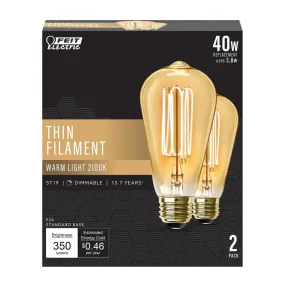 2-Pack 40W ST19 LED Thin Filament Vintage Edison Light Bulbs ST1940