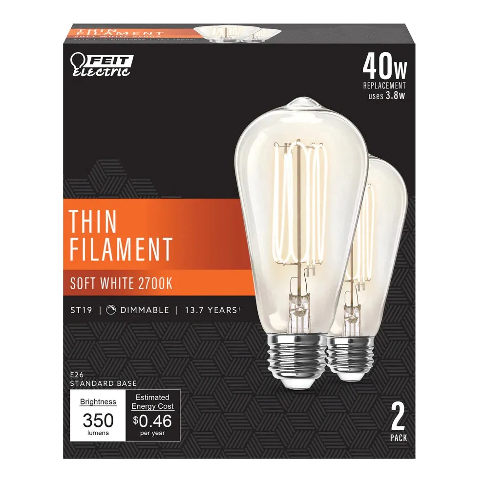 2-Pack 40W ST19 LED Thin Filament Vintage Edison Light Bulbs ST1940