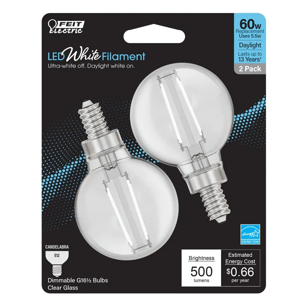 2-Pack 60W LED White Filament Globe Light Bulbs BPG16609