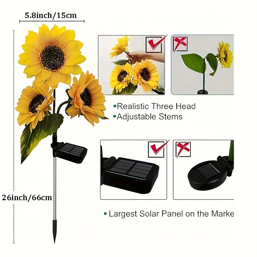 2 Pack Sunflower Solar Lights Outdoor Decor, With 3 LED Sunflower Yellow Flower Lights, Decorative For Patio Lawn Garden Yard Pathway Decoration