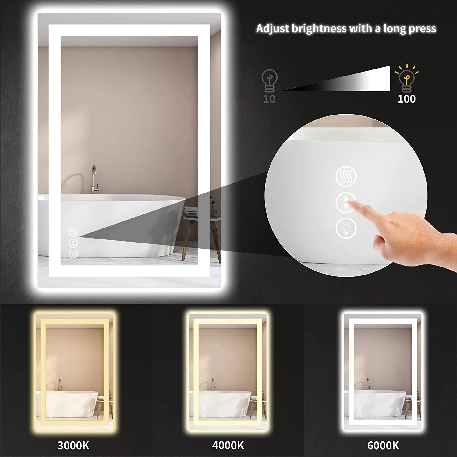 20 in. W x 28 in. H LED Rectangular Frameless Anti-Fog Bathroom Mirror Front & Backlit