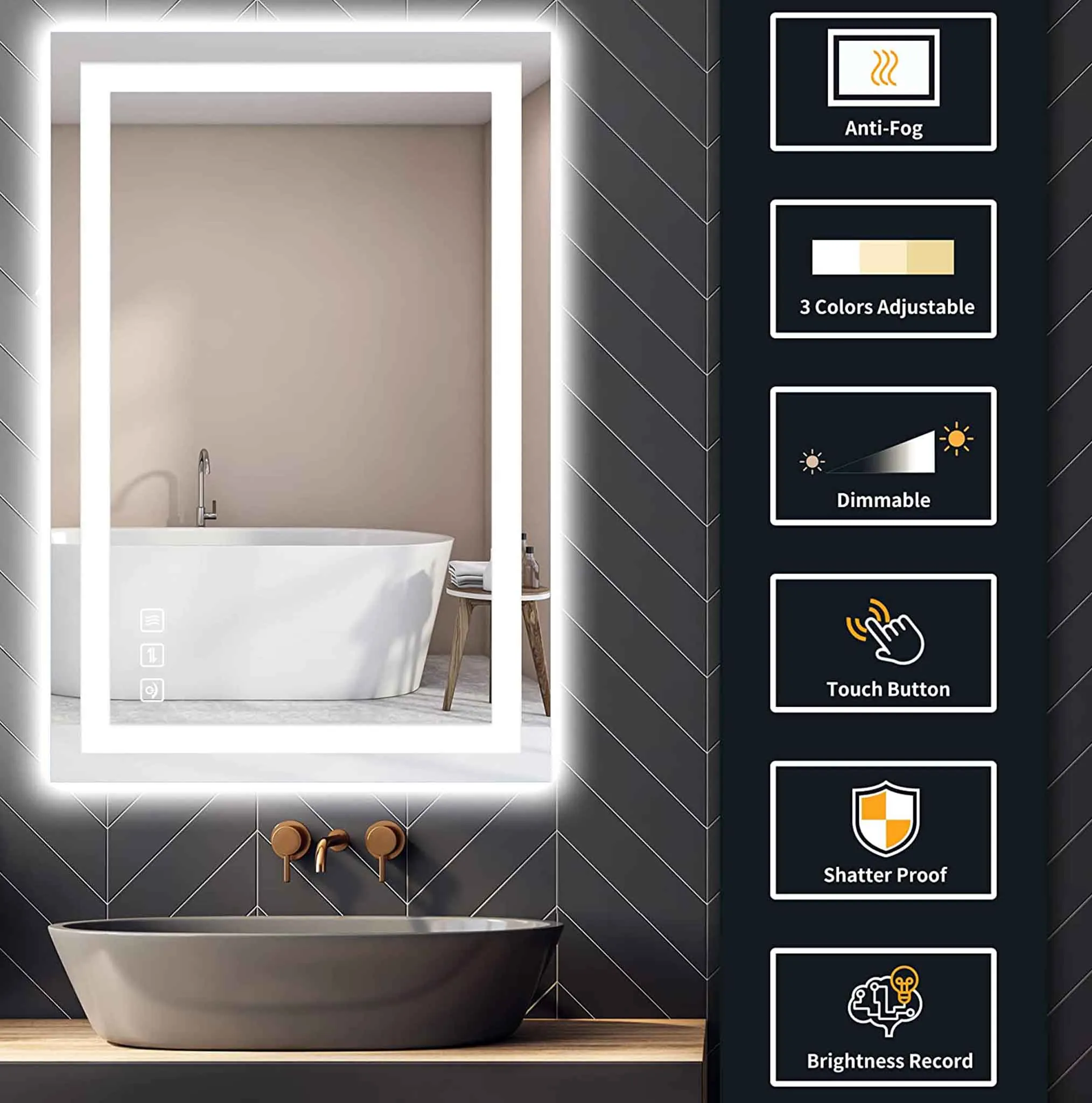 24 in. W x 36 in. H LED Rectangular Frameless Anti-Fog Bathroom Mirror Front & Backlit
