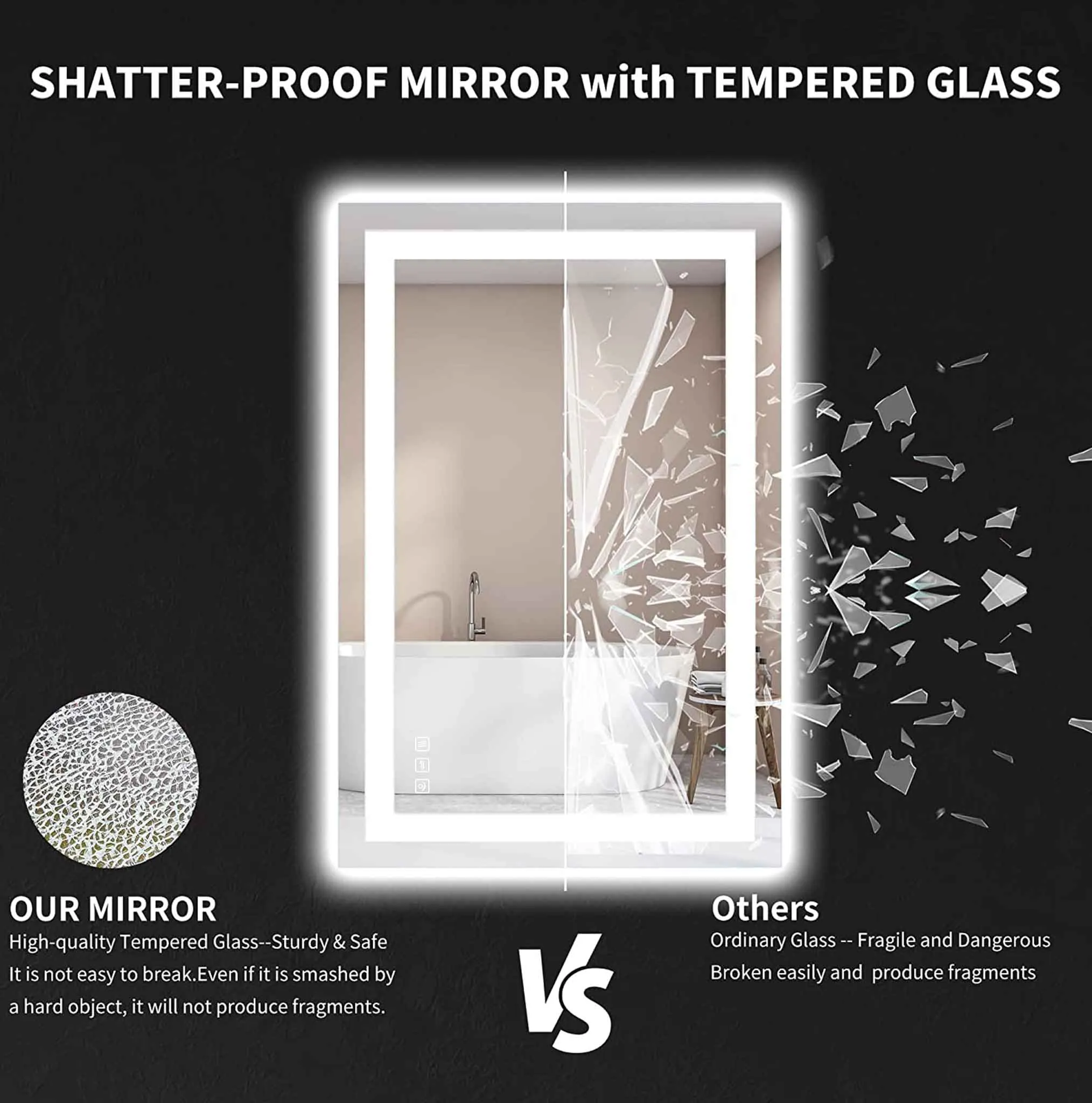 24 in. W x 36 in. H LED Rectangular Frameless Anti-Fog Bathroom Mirror Front & Backlit