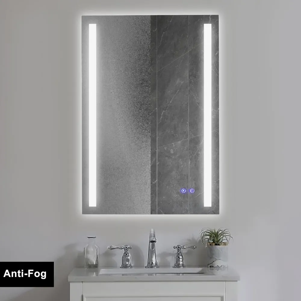 24 x 36 Inch Frameless LED Illuminated Bathroom Mirror, Touch Button Defogger, Metal, Vertical Stripes Design, Silver By The Urban Port