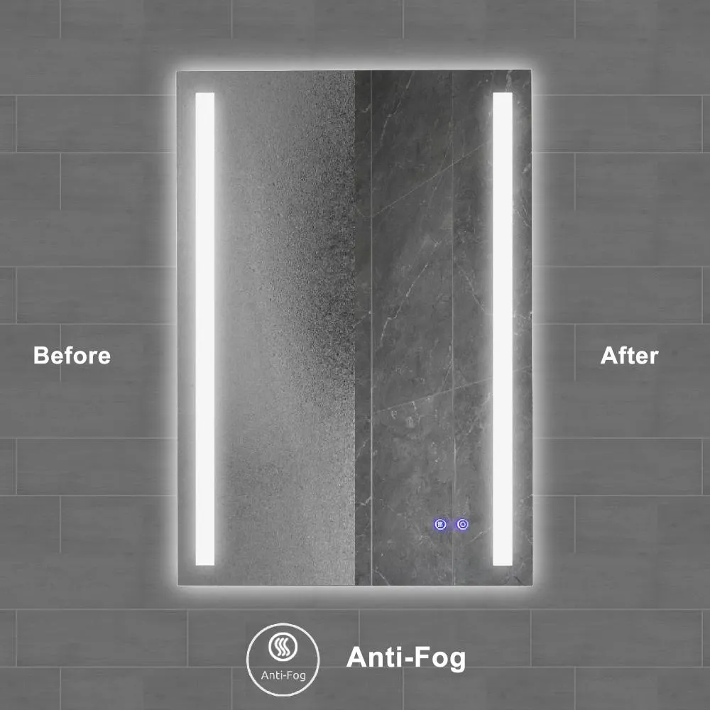 24 x 36 Inch Frameless LED Illuminated Bathroom Mirror, Touch Button Defogger, Metal, Vertical Stripes Design, Silver By The Urban Port