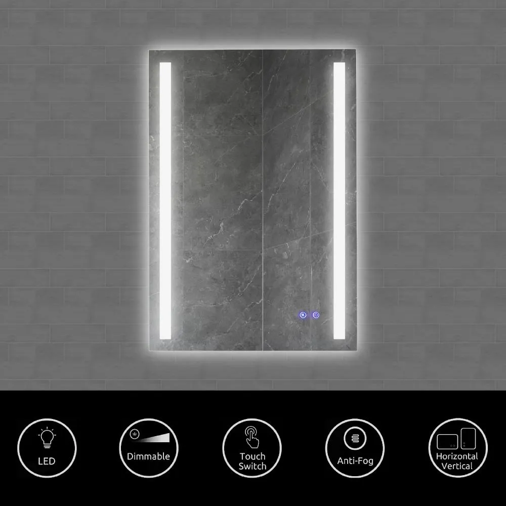24 x 36 Inch Frameless LED Illuminated Bathroom Mirror, Touch Button Defogger, Metal, Vertical Stripes Design, Silver By The Urban Port