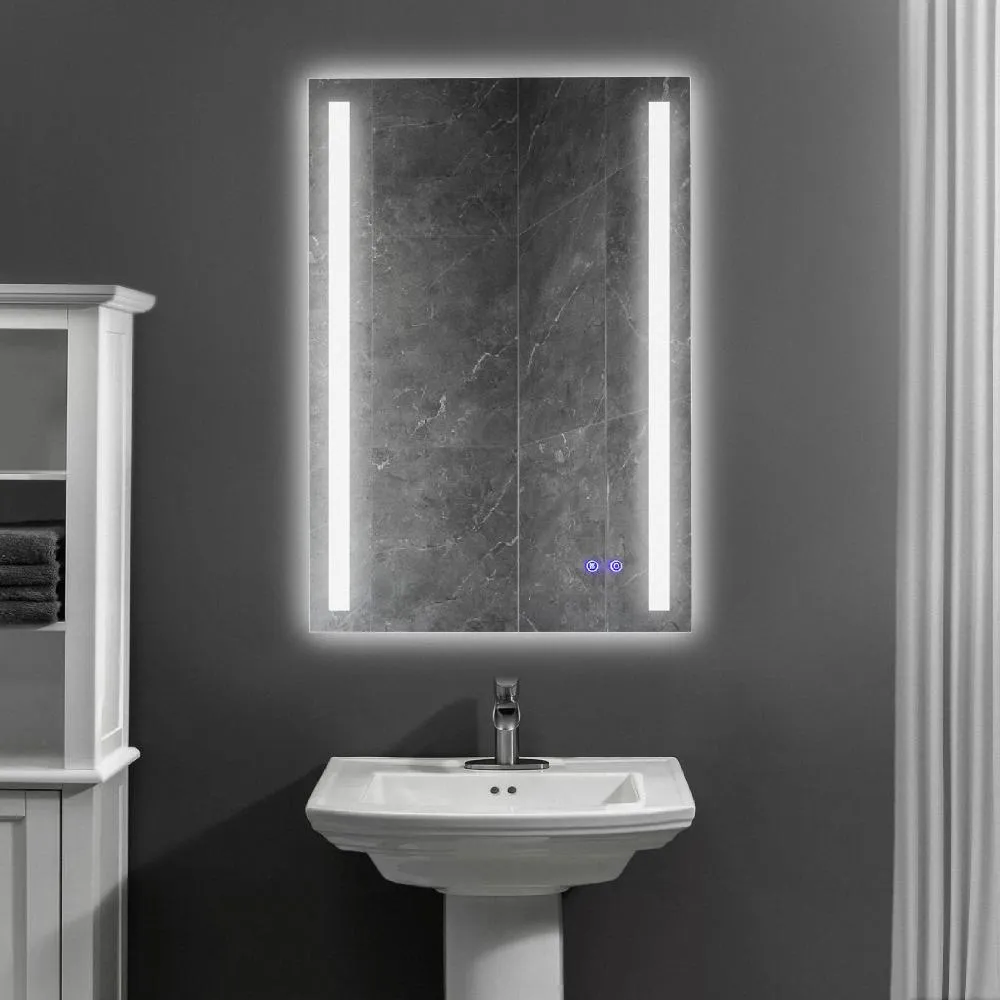 24 x 36 Inch Frameless LED Illuminated Bathroom Mirror, Touch Button Defogger, Metal, Vertical Stripes Design, Silver By The Urban Port