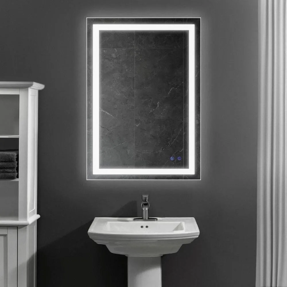 24 x 36 Inch Frameless LED Illuminated Bathroom Wall Mirror, Touch Button Defogger, Rectangular, Metal, Silver By The Urban Port