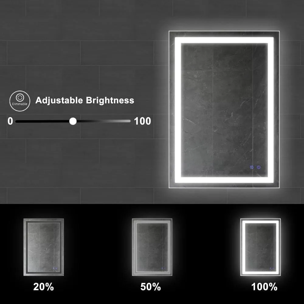 24 x 36 Inch Frameless LED Illuminated Bathroom Wall Mirror, Touch Button Defogger, Rectangular, Metal, Silver By The Urban Port