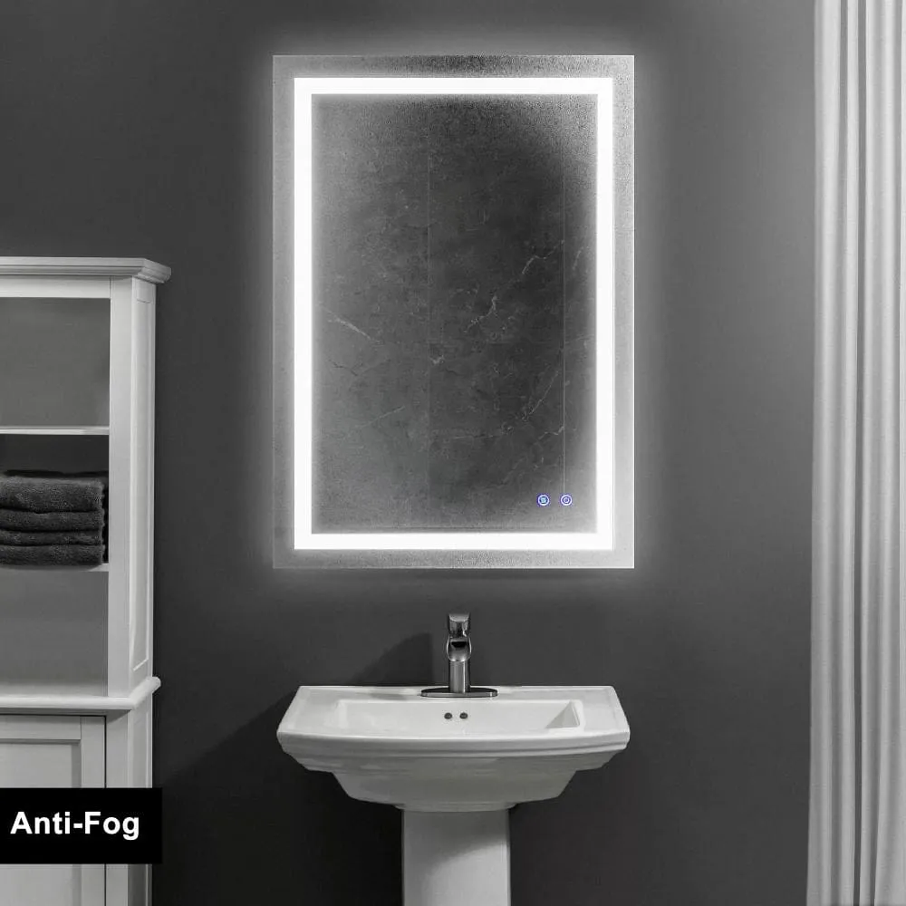 24 x 36 Inch Frameless LED Illuminated Bathroom Wall Mirror, Touch Button Defogger, Rectangular, Metal, Silver By The Urban Port
