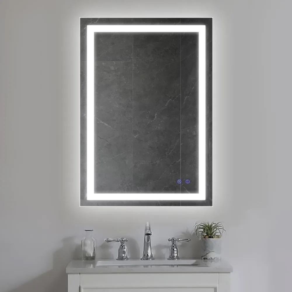24 x 36 Inch Frameless LED Illuminated Bathroom Wall Mirror, Touch Button Defogger, Rectangular, Metal, Silver By The Urban Port
