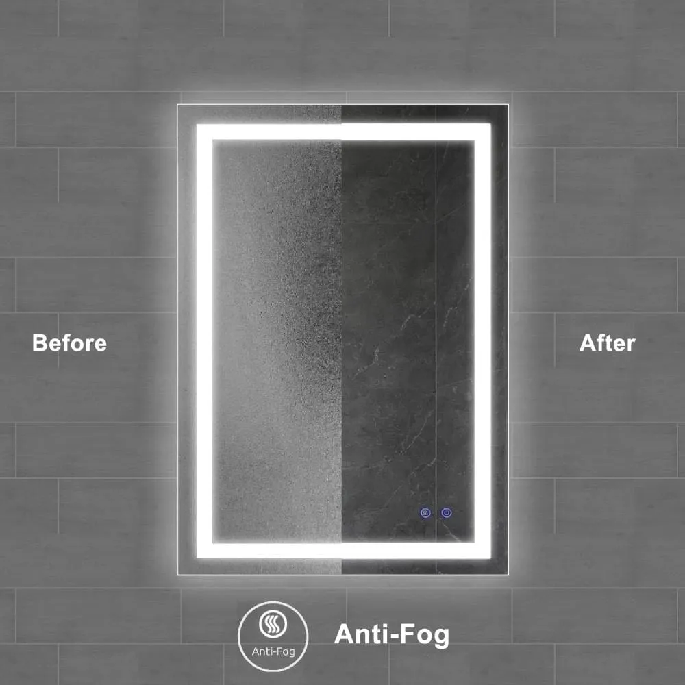 24 x 36 Inch Frameless LED Illuminated Bathroom Wall Mirror, Touch Button Defogger, Rectangular, Metal, Silver By The Urban Port