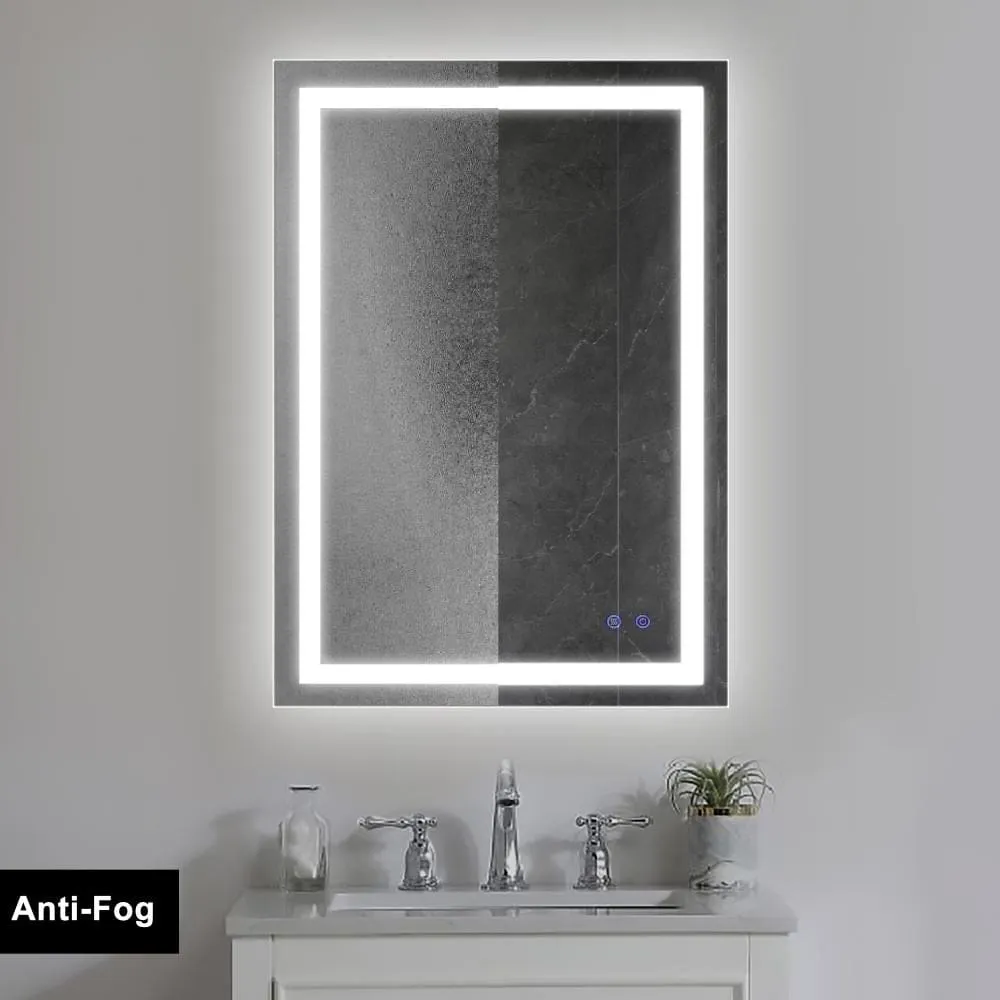 24 x 36 Inch Frameless LED Illuminated Bathroom Wall Mirror, Touch Button Defogger, Rectangular, Metal, Silver By The Urban Port