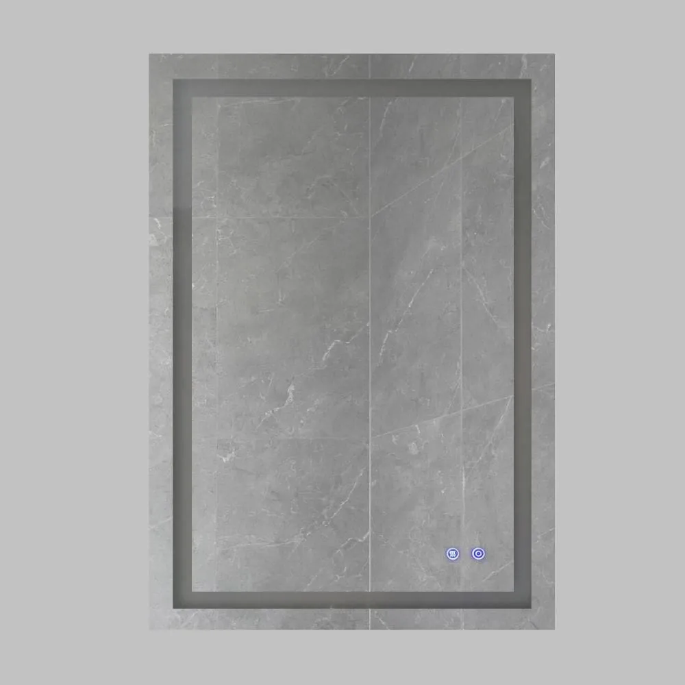 24 x 36 Inch Frameless LED Illuminated Bathroom Wall Mirror, Touch Button Defogger, Rectangular, Metal, Silver By The Urban Port