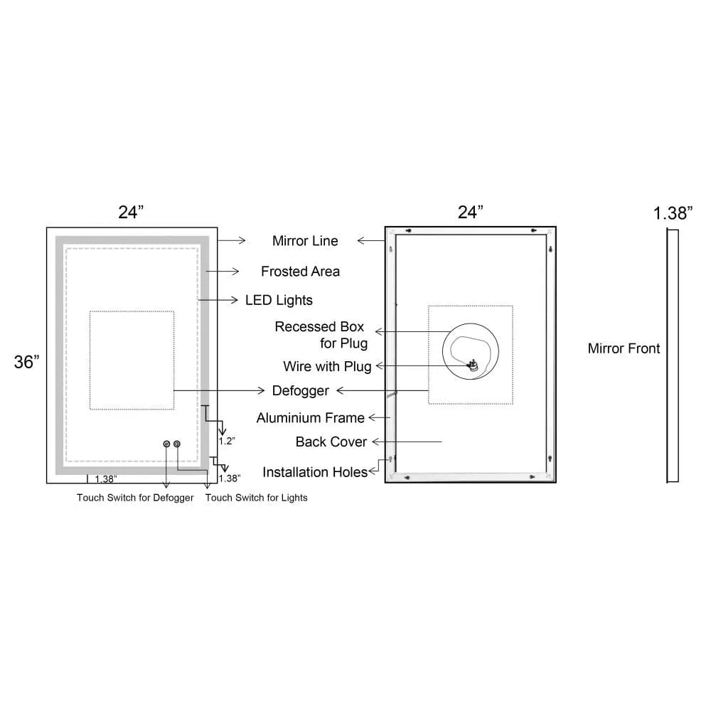 24 x 36 Inch Frameless LED Illuminated Bathroom Wall Mirror, Touch Button Defogger, Rectangular, Metal, Silver By The Urban Port
