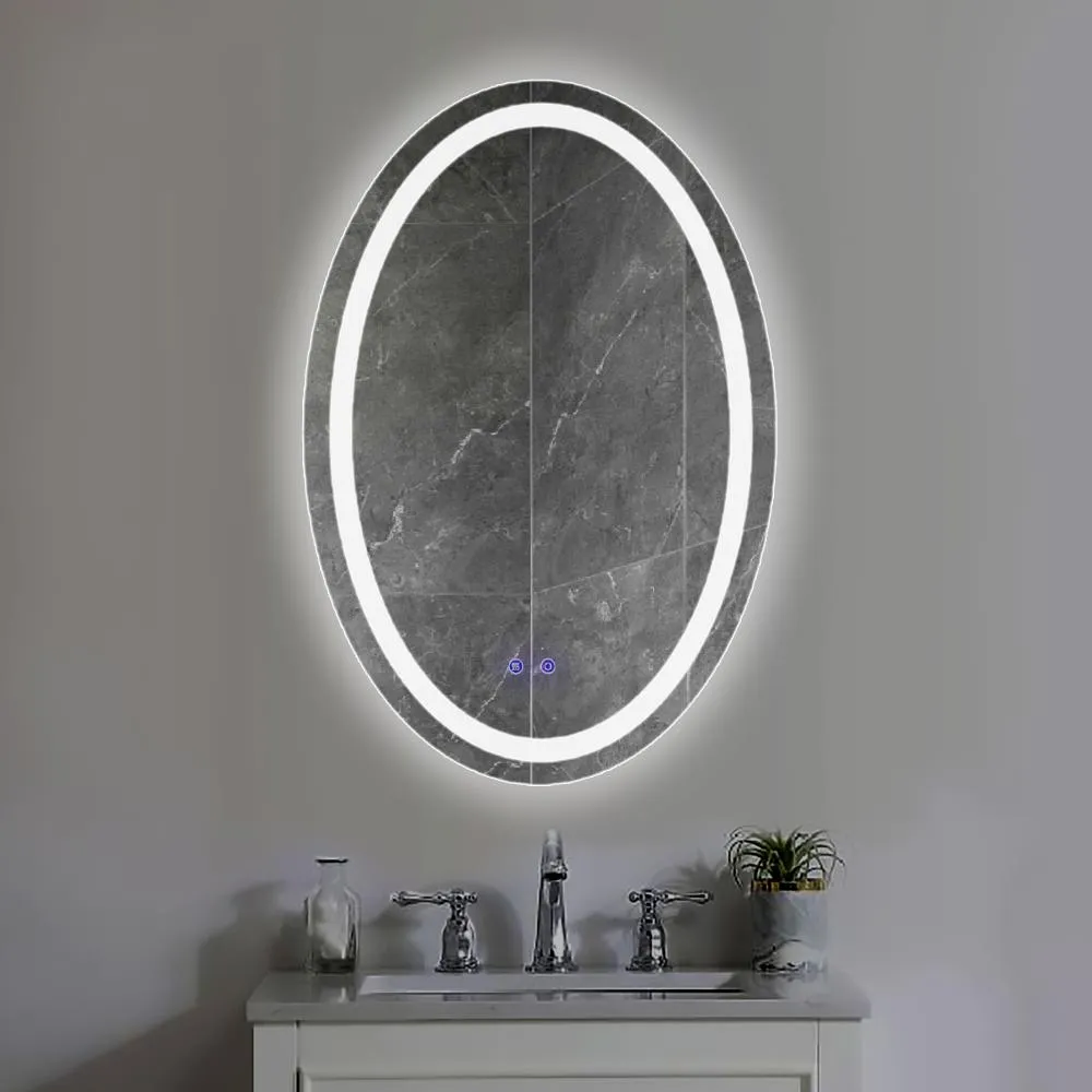 24 x 36 Inch Oval Frameless LED Illuminated Bathroom Mirror, Touch Button Defogger, Metal, Frosted Edge, Silver By The Urban Port