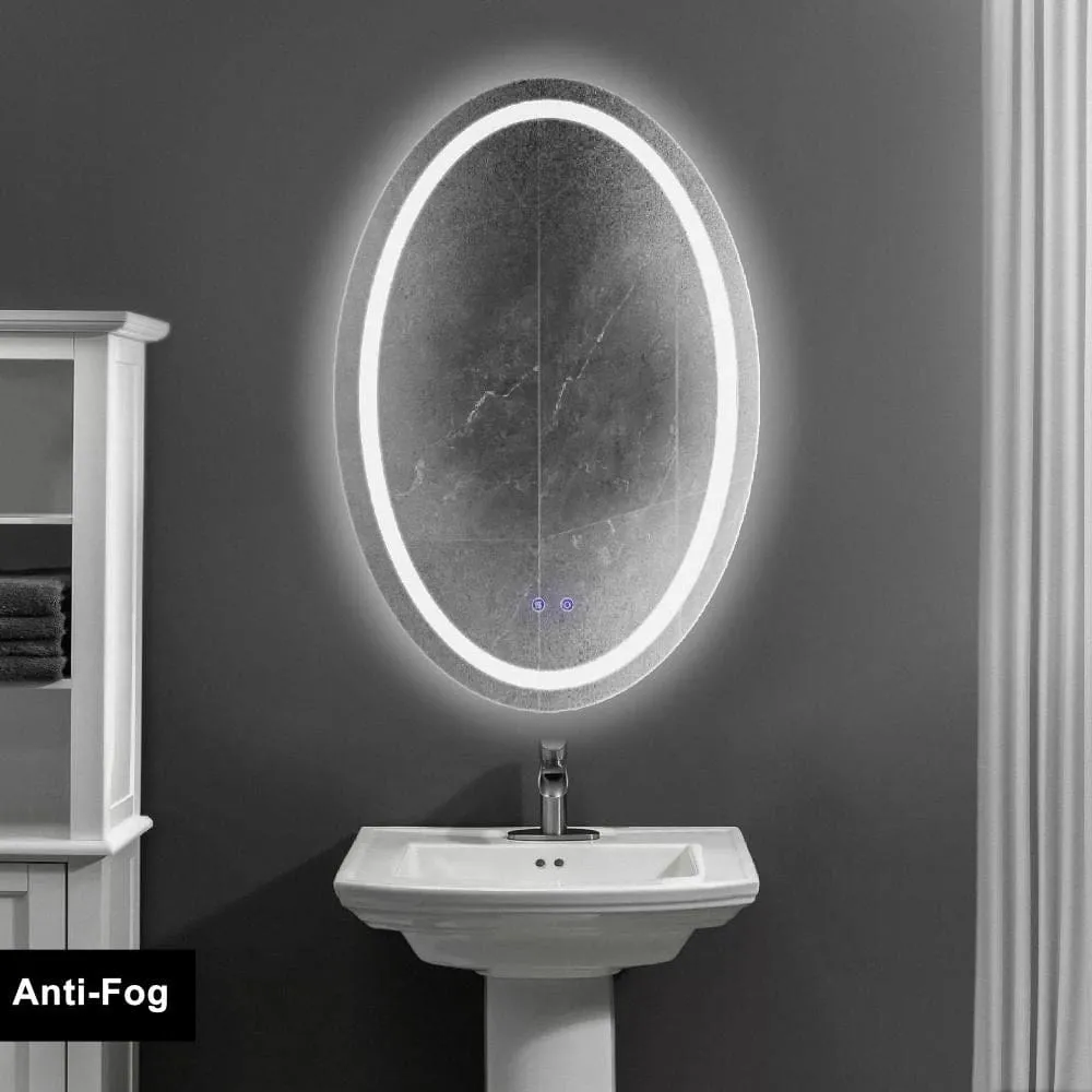 24 x 36 Inch Oval Frameless LED Illuminated Bathroom Mirror, Touch Button Defogger, Metal, Frosted Edge, Silver By The Urban Port
