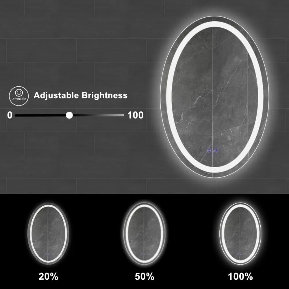 24 x 36 Inch Oval Frameless LED Illuminated Bathroom Mirror, Touch Button Defogger, Metal, Frosted Edge, Silver By The Urban Port