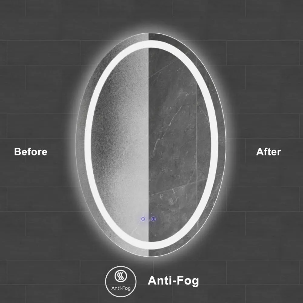 24 x 36 Inch Oval Frameless LED Illuminated Bathroom Mirror, Touch Button Defogger, Metal, Frosted Edge, Silver By The Urban Port