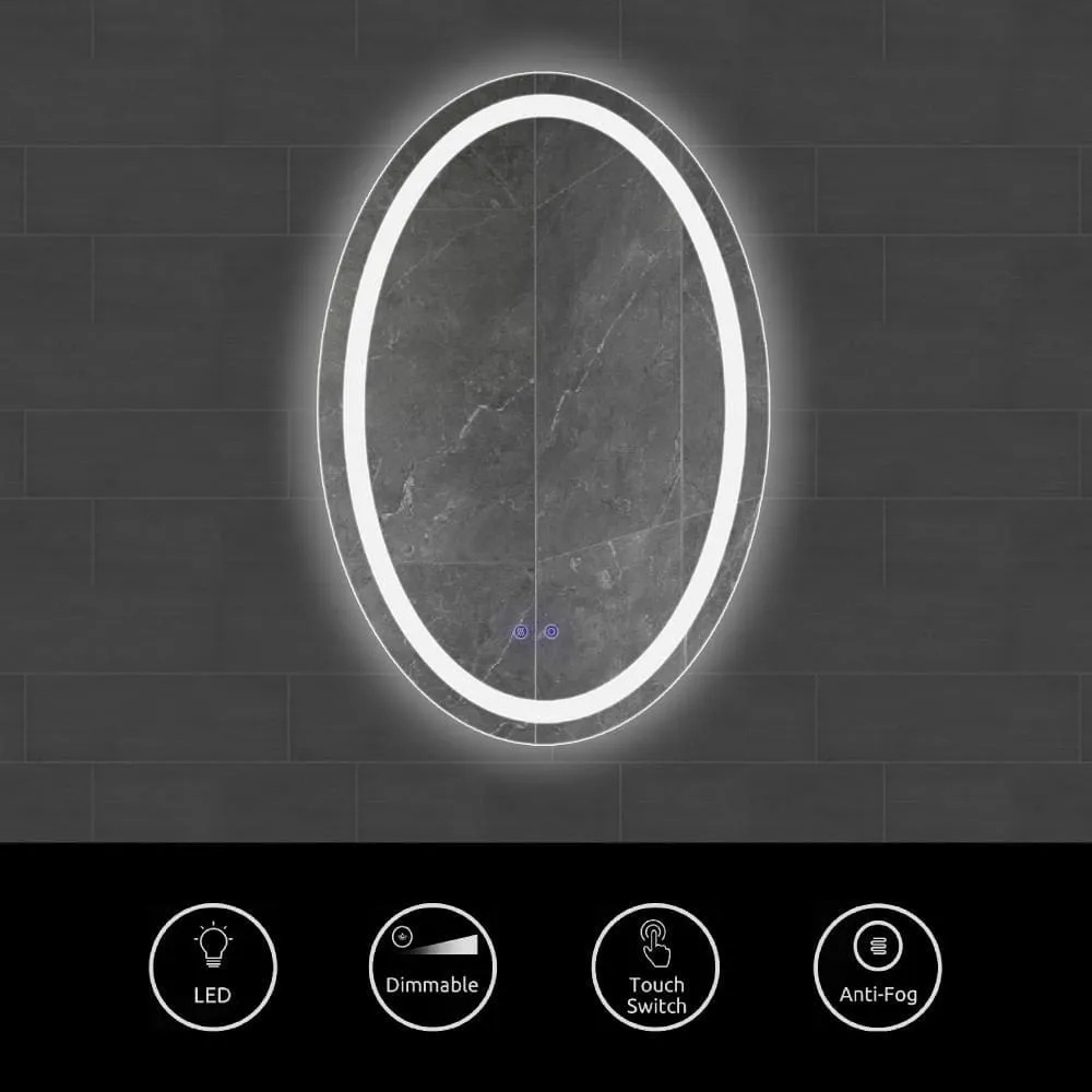 24 x 36 Inch Oval Frameless LED Illuminated Bathroom Mirror, Touch Button Defogger, Metal, Frosted Edge, Silver By The Urban Port