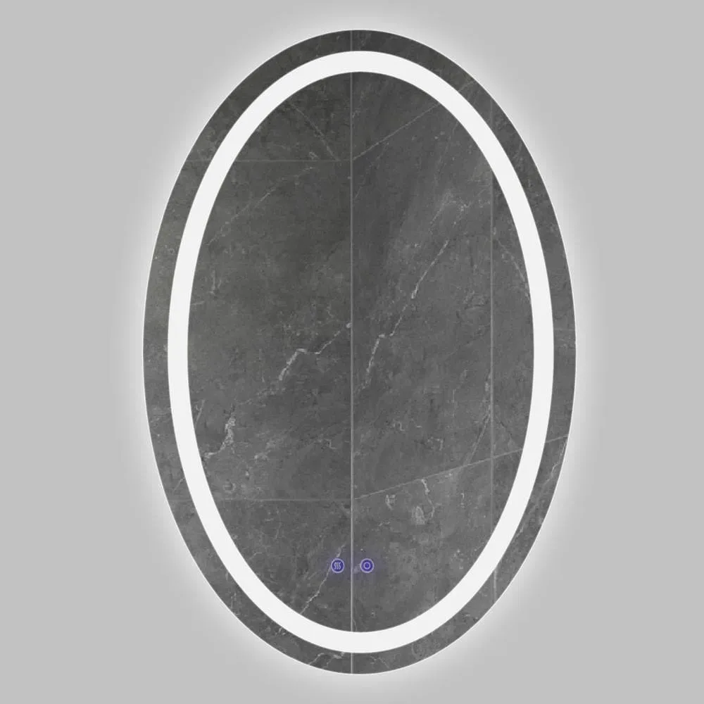 24 x 36 Inch Oval Frameless LED Illuminated Bathroom Mirror, Touch Button Defogger, Metal, Frosted Edge, Silver By The Urban Port