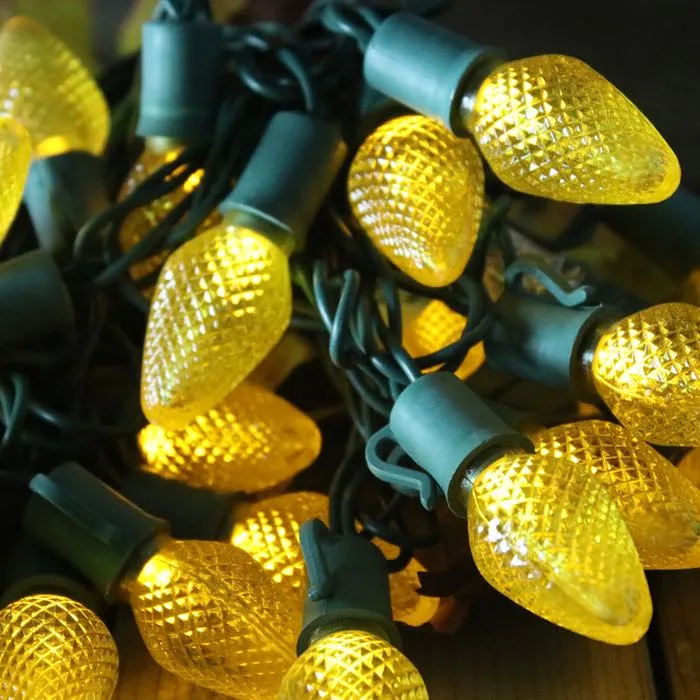 25-light C7 Yellow LED Christmas Lights, 8" Spacing Green Wire